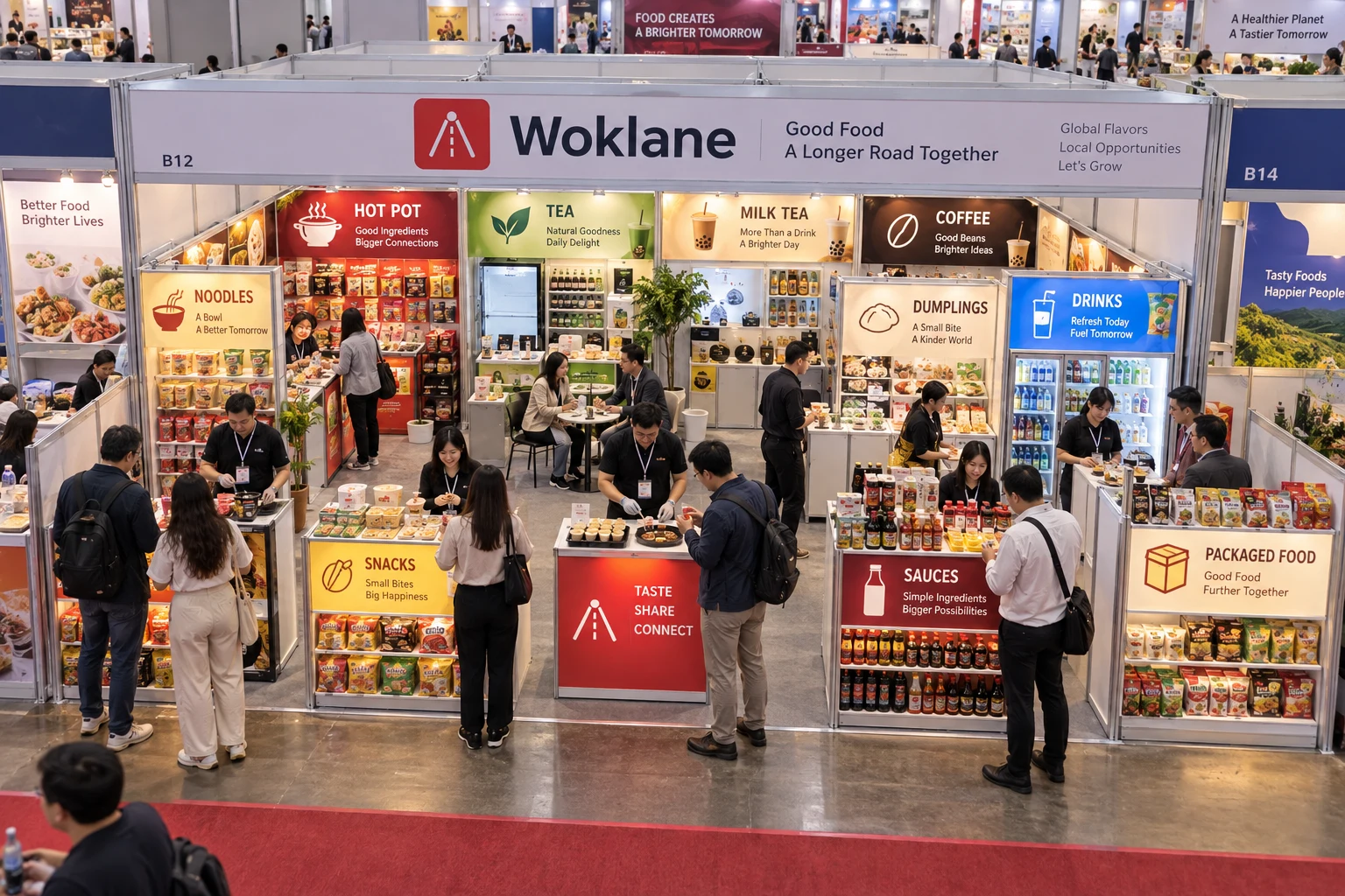 6 stands standard de 3 × 3 m — Concept indicatif de regroupement de stands standard