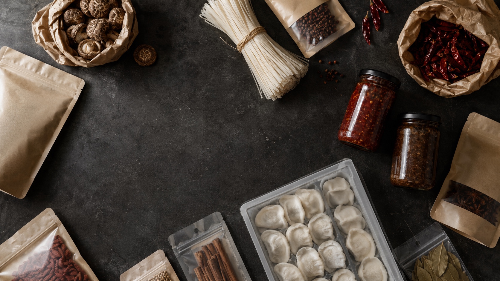 Asian food products in bulk export packaging — chili crisp jars, dried shiitake mushrooms, rice noodles, dried chilies, frozen dumplings and whole spices from verified manufacturers