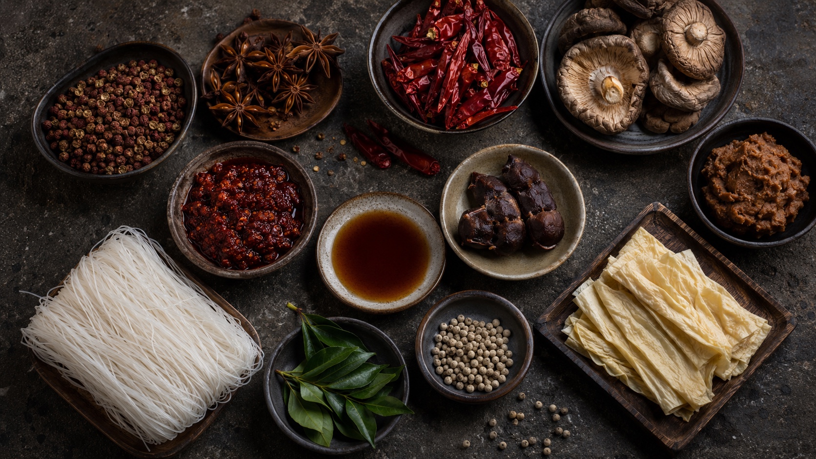 Wholesale Asian ingredients — Sichuan peppercorn, star anise, dried shiitake, chili paste, fish sauce, miso, rice vermicelli, tofu skin and curry leaves