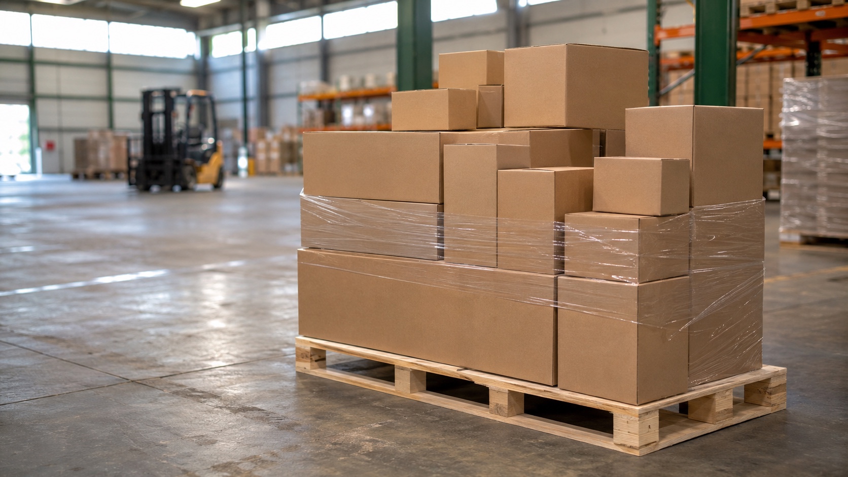 Cartons from multiple Asian food factories consolidated onto a single wrapped pallet for one export shipment